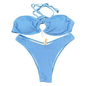 Zaful Swim 2-Piece Knotted Plunge Brazilian Bikini Blue Small US 4